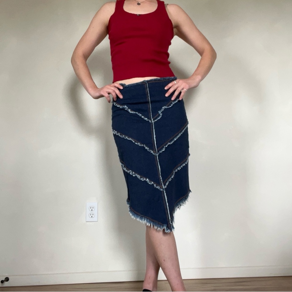 Rave 4 Real Patchwork Denim Raw Hem Midi Skirt